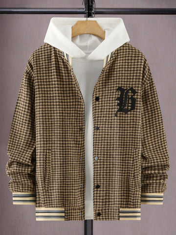 Men Houndstooth & Letter Graphic Striped Trim Drop Shoulder Overcoat Without Hoodie