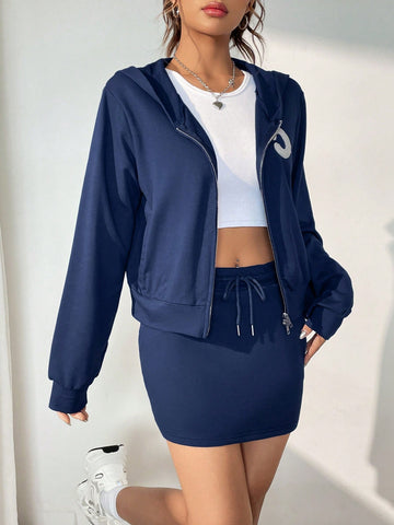 Patched Zip Up Hoodie & Drawstring Waist Skirt