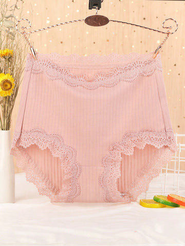 1pc Light Pink Plus Size Underwear Women's Lace High Waist Panty, Half Hip Coverage, Can Be Worn By 200 Pounds