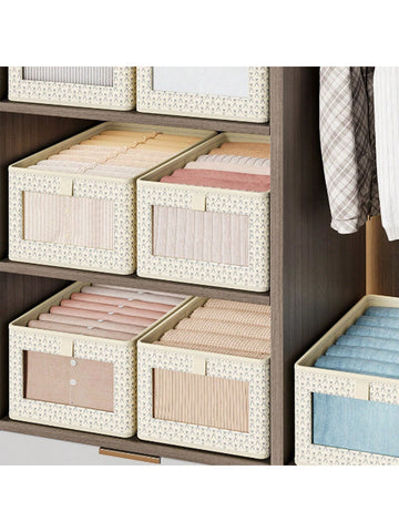 1pc Beige Non-woven Fabric Foldable Visible Window Clothes Storage Box For Wardrobe Organizing Clothes, Pants, Small Items