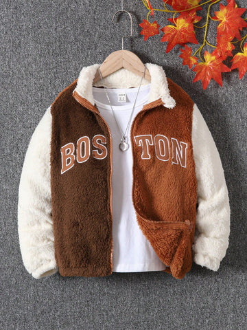 Boys Colorblock Letter Embroidery Flannel Jacket