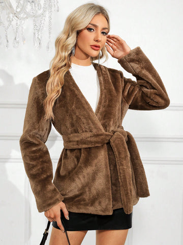 Solid Belted Fuzzy Coat