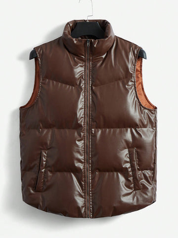 1pc Men's Loose Fit Zippered Pu Leather Puffer Vest