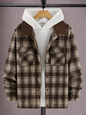 Men Plaid Print Contrast Collar Flap Pocket Overcoat Without Hoodie
