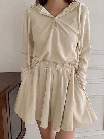 Solid Drawstring Hooded Tee & Skirt
