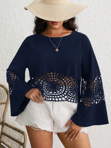 Plus Hollow Out Trumpet Sleeve Blouse