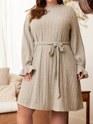 Plus Flare Sleeve Belted Dress