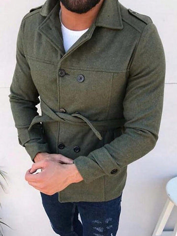 Men Double Breasted Belted Overcoat