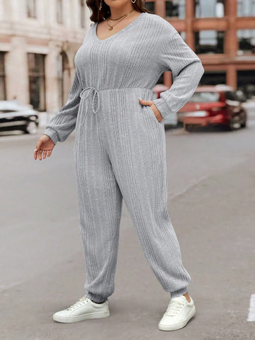 Plus Size Ribbed Jumpsuit With Drawstring Waist