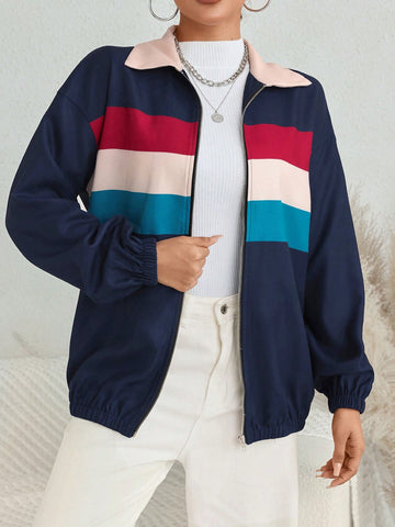 Color Block Drop Shoulder Zip Up Jacket