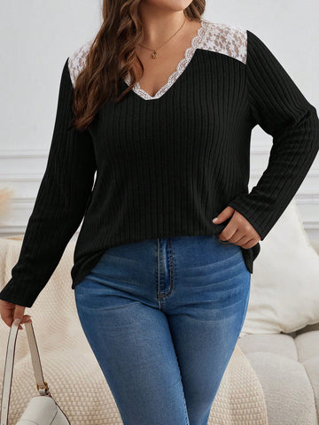 Plus Contrast Lace Ribbed Knit Tee