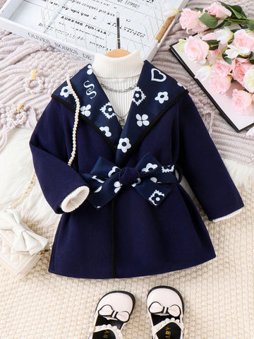 Young Girl 1pc Floral Print Belted Overcoat