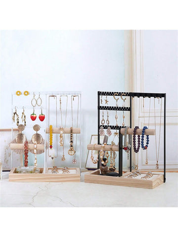 1pc 5-Tier Earrings Display Holder with Wood Basic and Ring Tray, Jewelry Organizer Stand, Metal 6 Hooks Necklaces Hanging Storage Tower, White Tabletop Jewelry Rack for Bracelets, Watch, Piercing, White