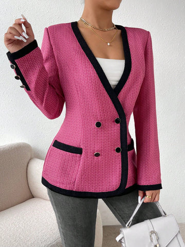 Contrast Binding Dual Pocket Double Breasted Blazer