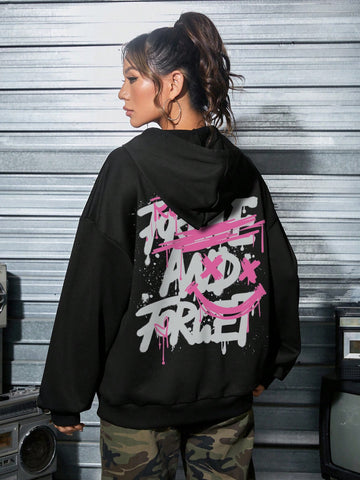 American Street Style Letter Painted Graffiti Printed Hooded Sweatshirt For Women