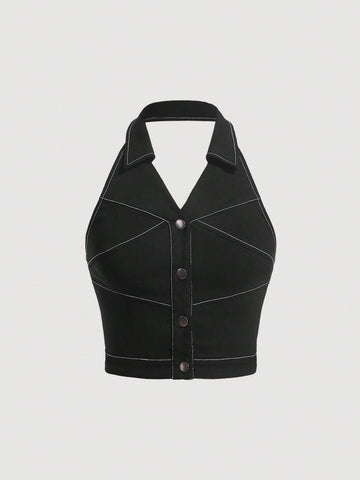 Top-stitching Button Front Vest Jacket Without Blouse