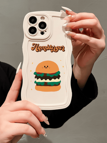 1pc Cartoon Hamburger & Waves Print Phone Case, White, Compatible With Apple Iphone