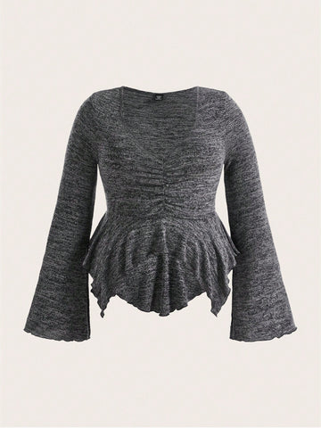 Plus Marled Knit Ruched Front Trumpet Sleeve Peplum Tee