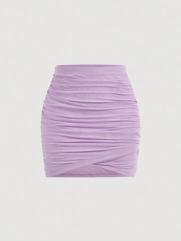 Solid Ruched Wrap Cross Ruched Bodycon Skirt
