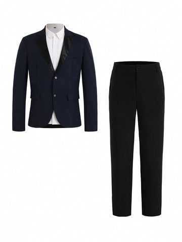 Men 1pc Colorblock Shawl Collar Blazer & 1pc Suit Pants