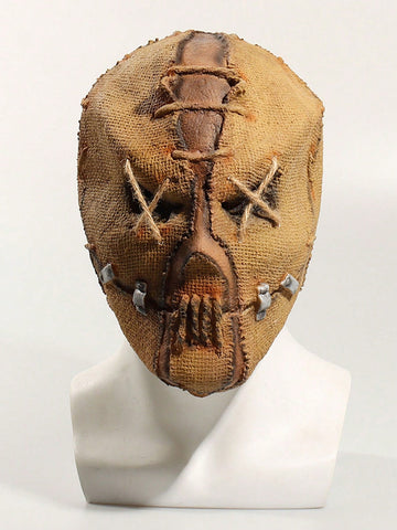 1pc Unisex Brown Creepy Latex Skull Mask With Knife Scar & Burlap For Halloween, Cosplay, Party