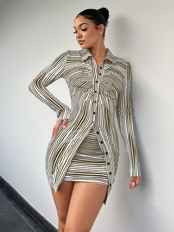 Striped Print Button Front Shirt & Bodycon Skirt