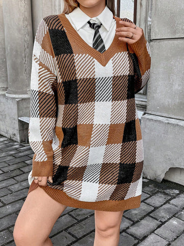 Plus Plaid Pattern Drop Shoulder Sweater Dress Without Shirt and Tie