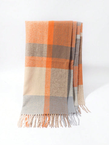 1pc Men's Stylish Plaid Pattern Fringed Multicolor Warm Scarf For Daily Wear In Fall And Winter