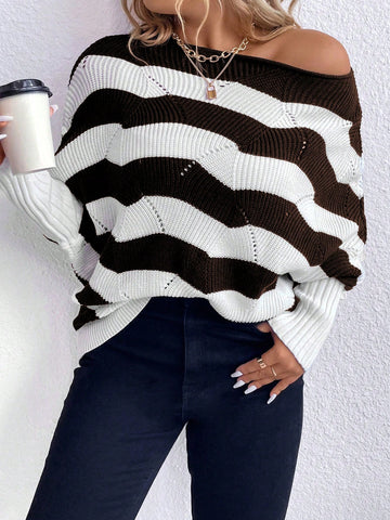 Plus Two Tone Batwing Sleeve Pointelle Knit Sweater
