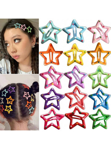 15pcs/pack Random Color Sparkling Drip Oil Bb Hair Clips With Stars Design, Suitable For Daily Wear