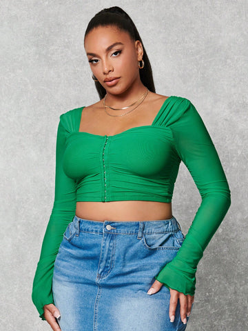 Plus Hook And Eye Ruched Front Flare Sleeve Mesh Top