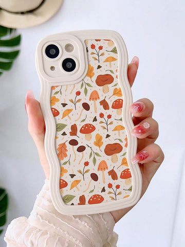 1pc Simple Cartoon Cute Autumn Atmosphere Mushroom & Autumn Leaves Pattern Wave Phone Case Compatible With Iphone