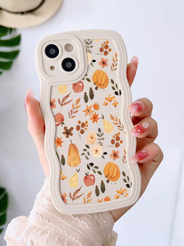 1pc Simple Cute Cartoon Style Watercolor Wave Phone Case With Autumn Atmosphere Pumpkin, Apple, And Fall Leaves Design, Compatible With Iphone