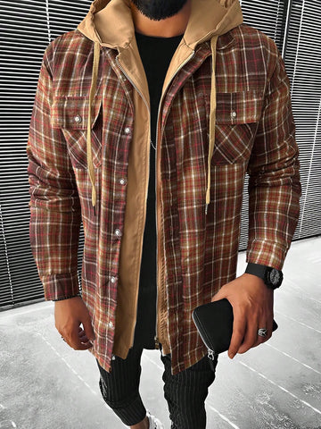 Loose-Fit Men's Plaid Print Drawstring Hooded Overcoat With Flap Pockets