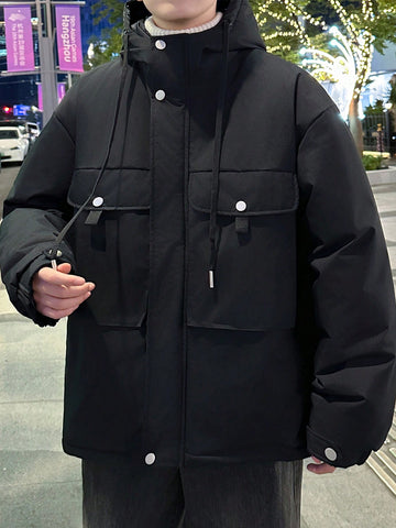Men Flap Pocket Drawstring Hooded Oversize Puffer Coat