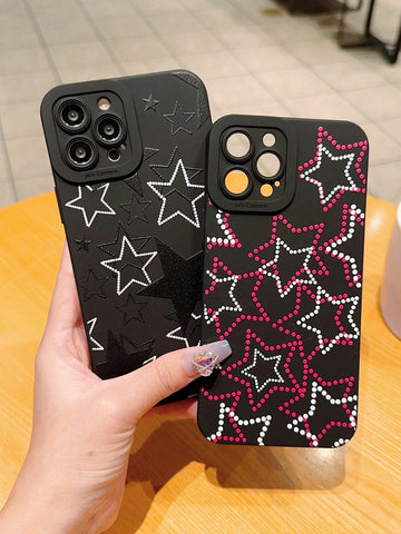 2pcs/pack Pink & Black Polka Dot Star Pattern Tpu Shockproof Phone Case For Iphone 15