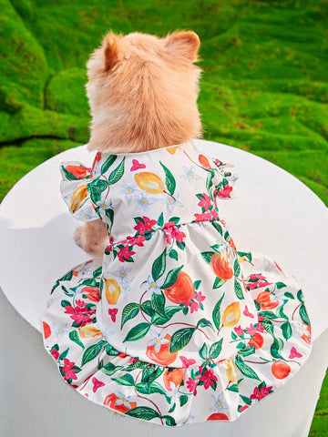 1pc Fruit & Flower Printed Pet Dress, Suitable For Cats And Dogs Of Vacation Style