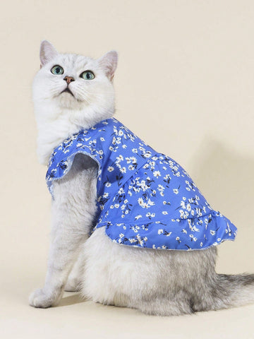 Petsin Blue Floral Patterned Bubble Sleeve Pet Dress For Cats And Dogs, 1piece