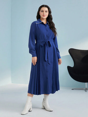 Plus Solid Belted Shirt Dress