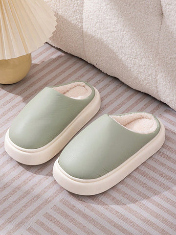 Glossy Solid Color Plush Warm Slippers Autumn And Winter Women's Simple Home Waterproof Indoor Shoes Thickened Warm Slippers