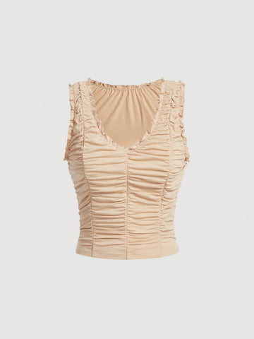 Solid Ruched Frill Trim Ruched Tank Top