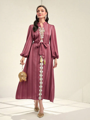 Floral Embroidery Lantern Sleeve Belted Dress