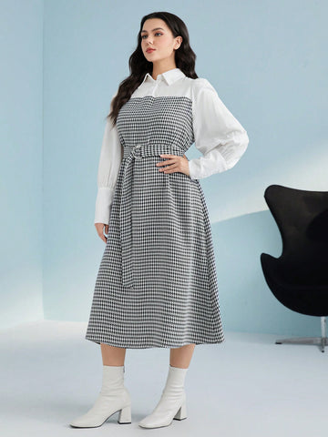 Plus Houndstooth Print Belted 2 In 1 Dress
