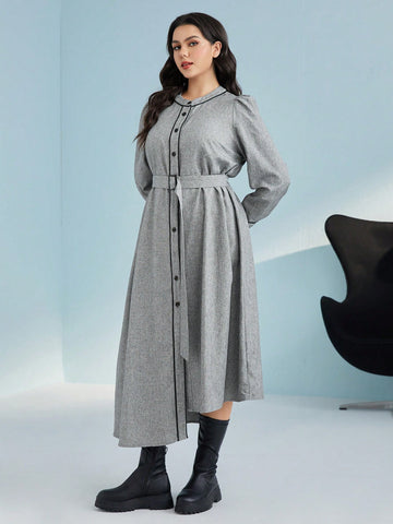 Plus Contrast Piping Button Front Belted Shirt Dress