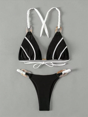 Contrast Binding Triangle Thong Bikini Swimsuit