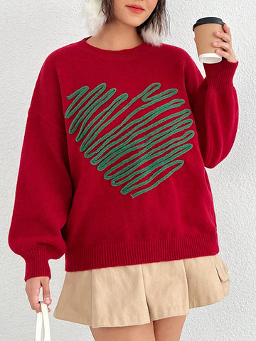 Plus Heart Pattern Drop Shoulder Sweater