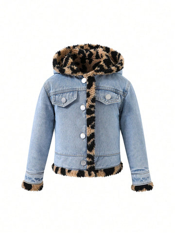 Young Girl Contrast Leopard Teddy Hooded Denim Jacket