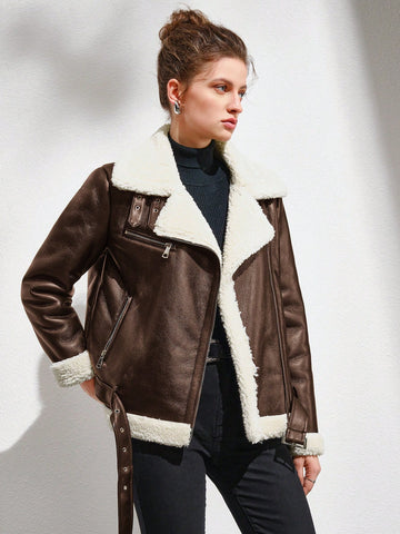 Teddy Lined Belted Leather Look Moto Jacket