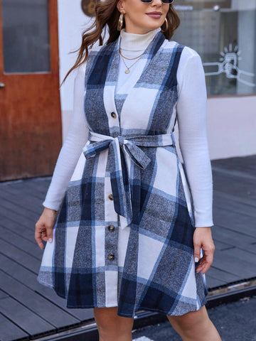 Plus Plaid Print Belted Dress Without Tee