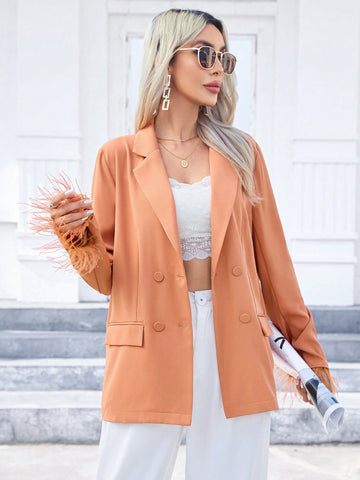 Solid Double Breasted Lapel Neck Blazer